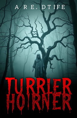 A chilling horror book cover featuring a dark, eerie forest shrouded in thick mist
