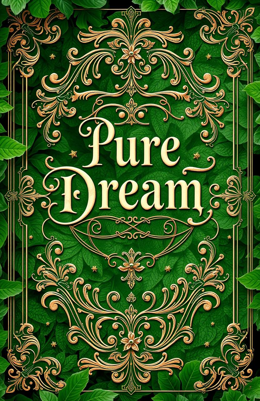 An enchanting historical book cover titled 'Pure Dream', featuring an intricate, vintage design that incorporates lush shades of green throughout