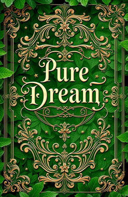 An enchanting historical book cover titled 'Pure Dream', featuring an intricate, vintage design that incorporates lush shades of green throughout