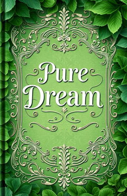 An enchanting historical book cover titled 'Pure Dream', featuring an intricate, vintage design that incorporates lush shades of green throughout