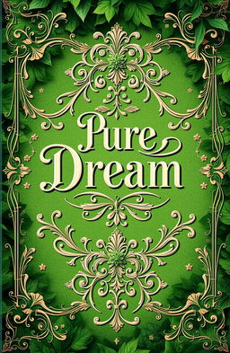 An enchanting historical book cover titled 'Pure Dream', featuring an intricate, vintage design that incorporates lush shades of green throughout