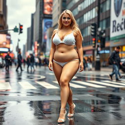 A sexy, beautiful, innocent, and cute young woman with a voluptuous and curvy figure is walking confidently through a busy downtown intersection, soaking wet