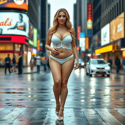 A sexy, beautiful, innocent, and cute young woman with a voluptuous and curvy figure is walking confidently through a busy downtown intersection, soaking wet