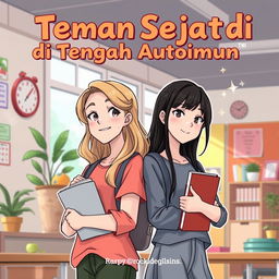An engaging comic book cover for 'Teman Sejati di Tengah Autoimun', featuring two female students with long hair as the main characters