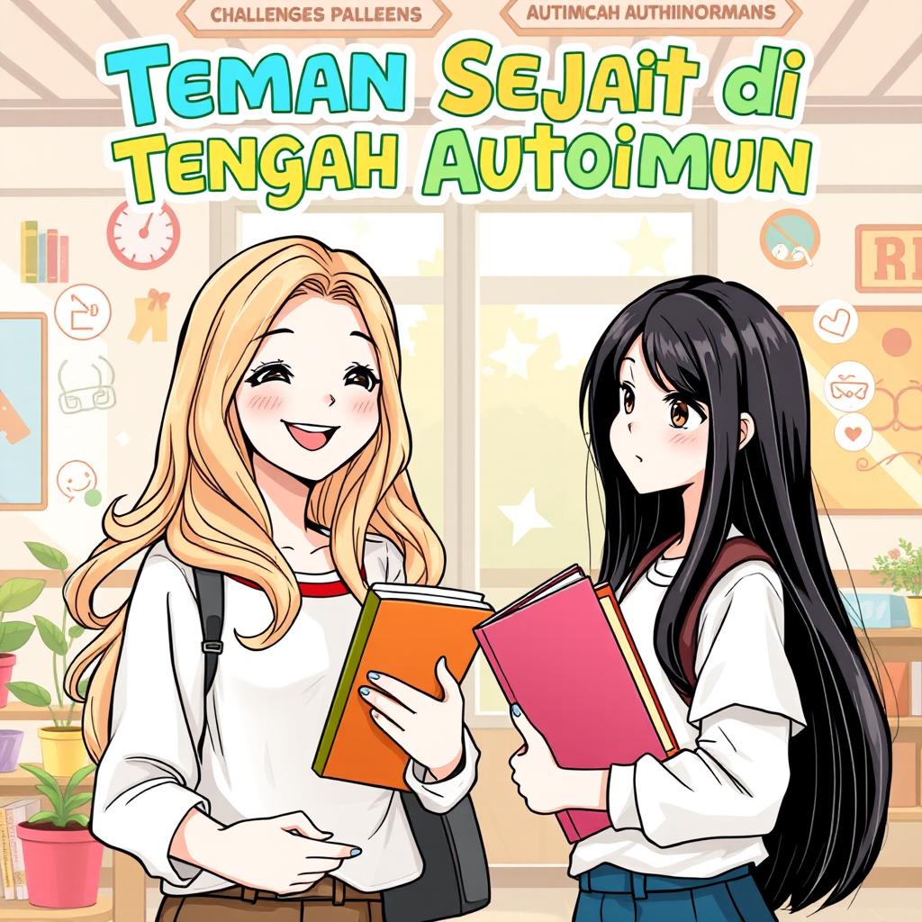 An engaging comic book cover for 'Teman Sejati di Tengah Autoimun', featuring two female students with long hair as the main characters