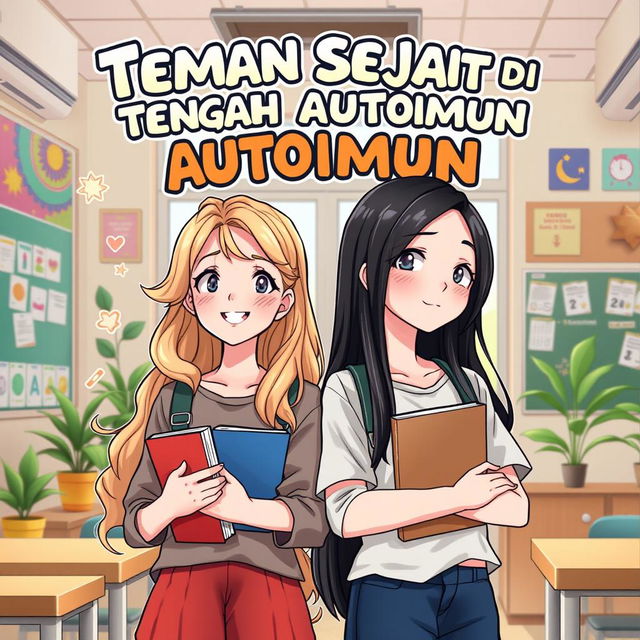 An engaging comic book cover for 'Teman Sejati di Tengah Autoimun', featuring two female students with long hair as the main characters