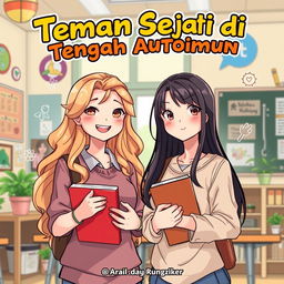 An engaging comic book cover for 'Teman Sejati di Tengah Autoimun', featuring two female students with long hair as the main characters