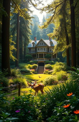 A grand, sprawling mansion situated in the heart of a dense, verdant forest