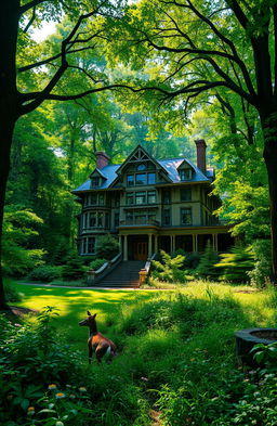 A grand, sprawling mansion situated in the heart of a dense, verdant forest