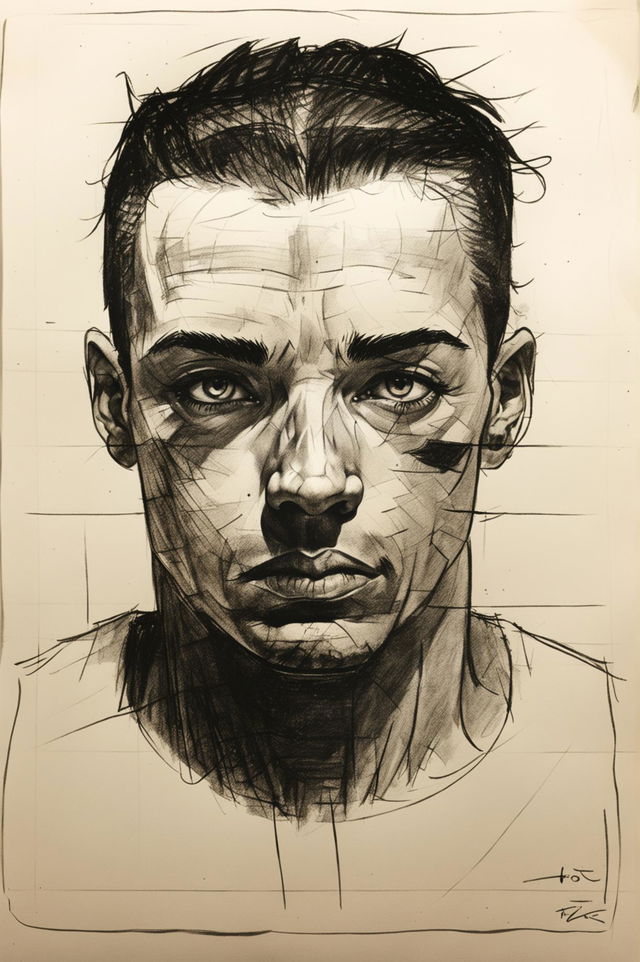 The image is a detailed police sketch of an urban man, drawn on rough-textured paper