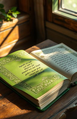 An artistic rendering of an Armenian language book with a lush green cover, featuring intricate traditional Armenian patterns embossed on the surface