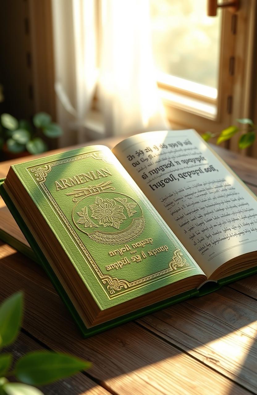 An artistic rendering of an Armenian language book with a lush green cover, featuring intricate traditional Armenian patterns embossed on the surface