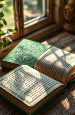 An artistic rendering of an Armenian language book with a lush green cover, featuring intricate traditional Armenian patterns embossed on the surface