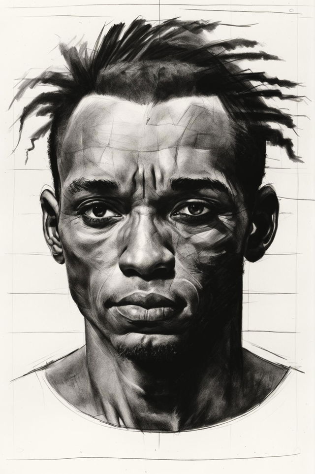 The image is a detailed police sketch of an African man, drawn with precision on coarse paper