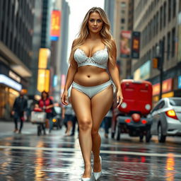 A sexy, beautiful, innocent, and cute young woman with a voluptuous and curvy figure is walking confidently through a busy downtown intersection, soaking wet