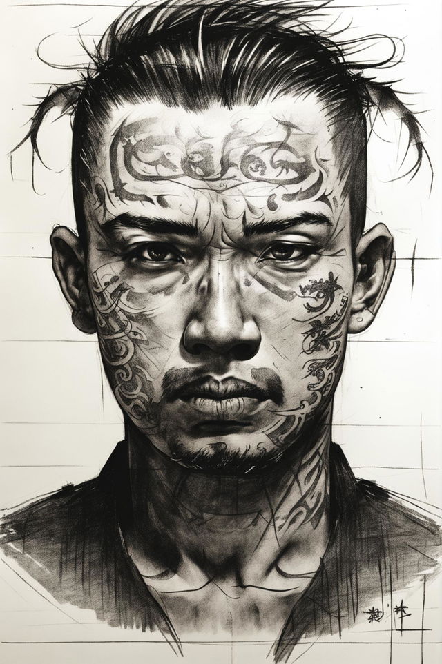 The image is a detailed police sketch of an Asian triad member with a distinct face tattoo, drawn on textured paper