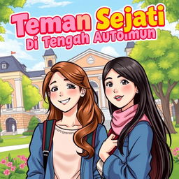 A vibrant comic book cover for 'Teman Sejati di Tengah Autoimun', featuring two female students with long hair standing in front of a university campus