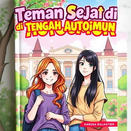 A vibrant comic book cover for 'Teman Sejati di Tengah Autoimun', featuring two female students with long hair standing in front of a university campus