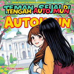 A vibrant comic book cover for 'Teman Sejati di Tengah Autoimun', featuring two female students with long hair standing in front of a university campus