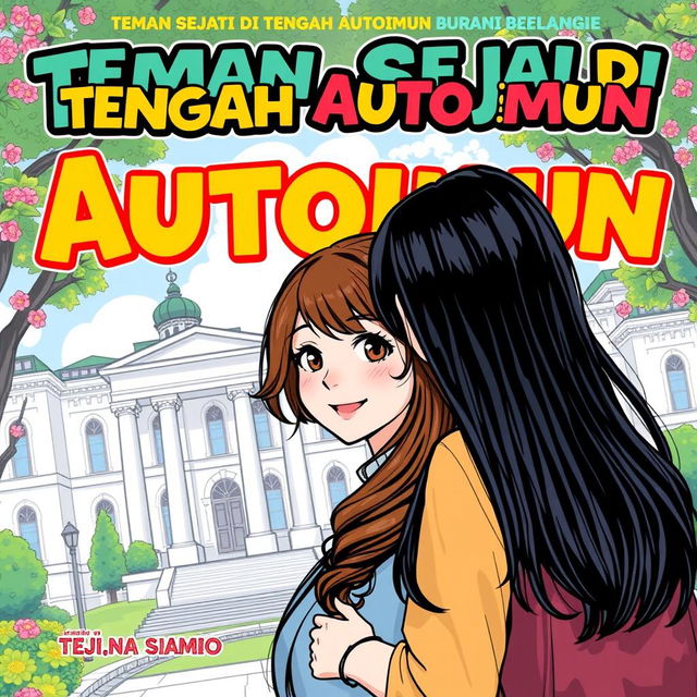 A vibrant comic book cover for 'Teman Sejati di Tengah Autoimun', featuring two female students with long hair standing in front of a university campus