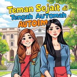 A vibrant comic book cover for 'Teman Sejati di Tengah Autoimun', featuring two female students with long hair standing in front of a university campus