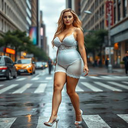 A beautiful and innocent young woman with a voluptuous and curvy figure strides confidently through a busy downtown intersection, soaking wet