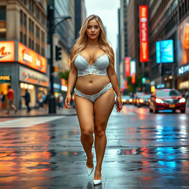 A beautiful and innocent young woman with a voluptuous and curvy figure strides confidently through a busy downtown intersection, soaking wet