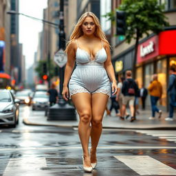 A beautiful and innocent young woman with a voluptuous and curvy figure strides confidently through a busy downtown intersection, soaking wet