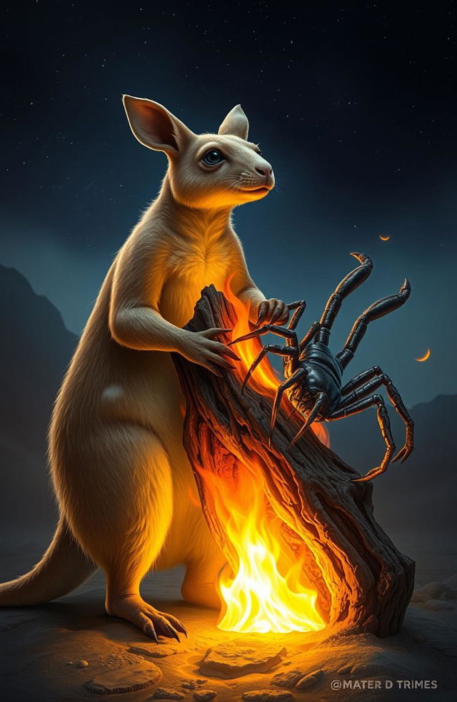 A wallaby standing beside a scorpion-like creature, both of them holding onto a piece of wood that is glowing with flames