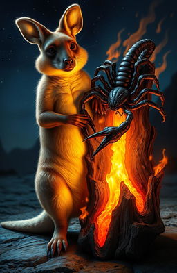 A wallaby standing beside a scorpion-like creature, both of them holding onto a piece of wood that is glowing with flames