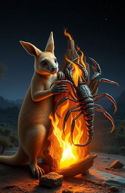 A wallaby standing beside a scorpion-like creature, both of them holding onto a piece of wood that is glowing with flames
