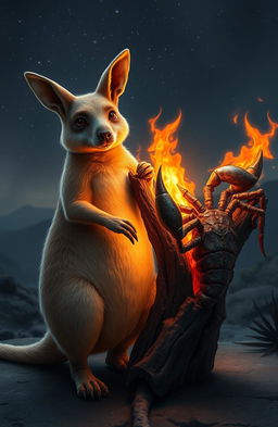 A wallaby standing beside a scorpion-like creature, both of them holding onto a piece of wood that is glowing with flames