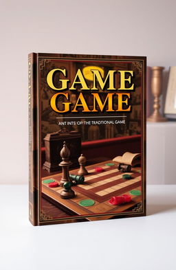A visually striking book cover design for a traditional game, featuring elements like a vintage board game layout, ornate game pieces, and a richly detailed background depicting a nostalgic game night atmosphere
