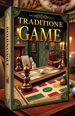 A visually striking book cover design for a traditional game, featuring elements like a vintage board game layout, ornate game pieces, and a richly detailed background depicting a nostalgic game night atmosphere