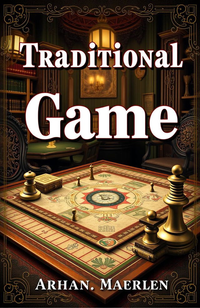 A visually striking book cover design for a traditional game, featuring elements like a vintage board game layout, ornate game pieces, and a richly detailed background depicting a nostalgic game night atmosphere