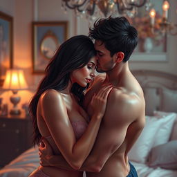 A sensual and intimate moment between two adult figures, highlighting the beauty of connection and passion