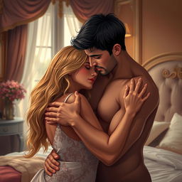 A sensual and intimate moment between two adult figures, highlighting the beauty of connection and passion