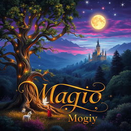 A captivating fantasy and magic book cover that showcases a sprawling enchanted forest bathed in twilight