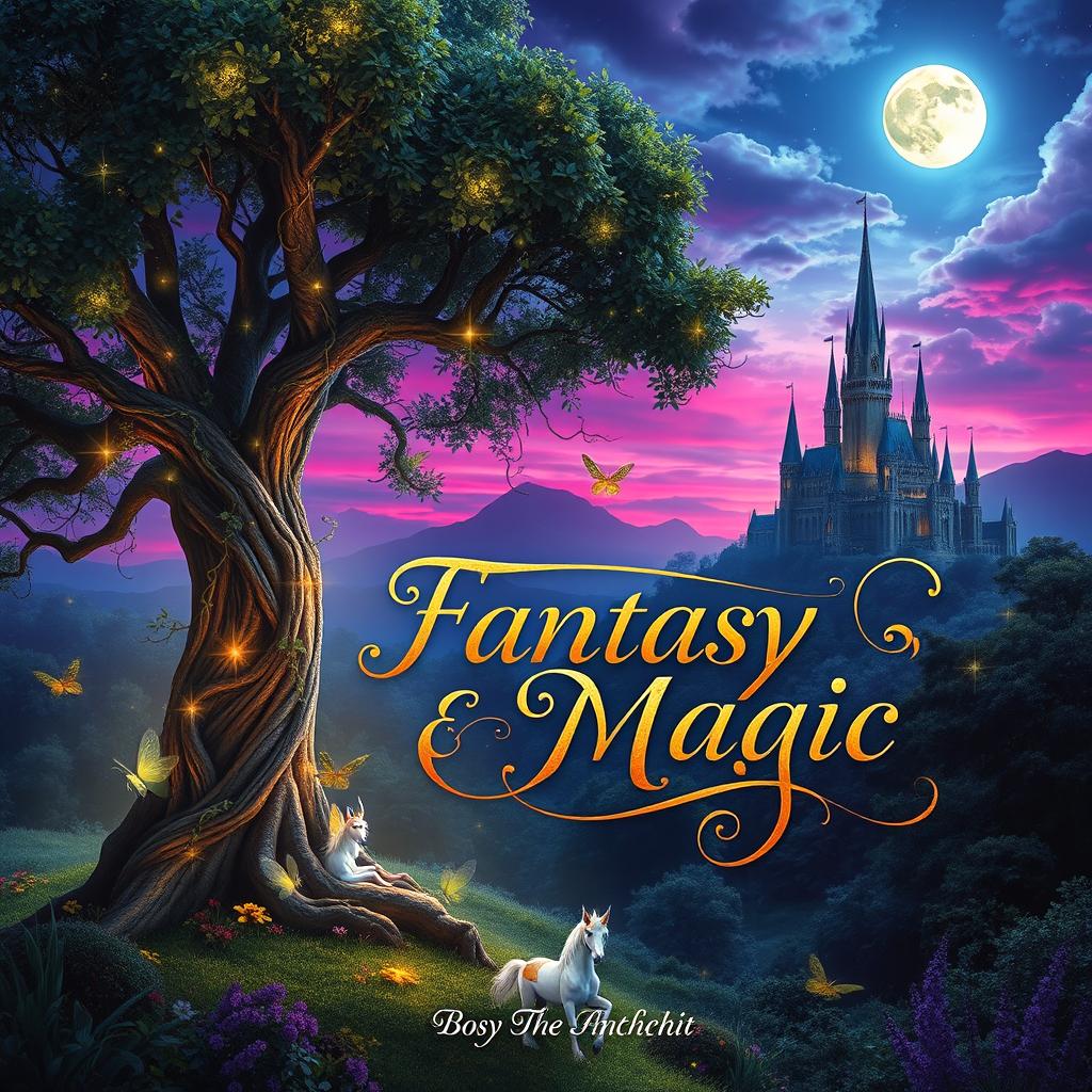 A captivating fantasy and magic book cover that showcases a sprawling enchanted forest bathed in twilight