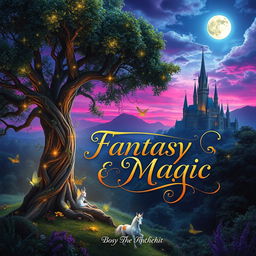 A captivating fantasy and magic book cover that showcases a sprawling enchanted forest bathed in twilight