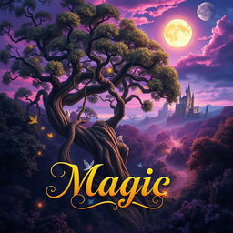 A captivating fantasy and magic book cover that showcases a sprawling enchanted forest bathed in twilight