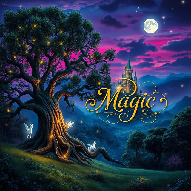 A captivating fantasy and magic book cover that showcases a sprawling enchanted forest bathed in twilight