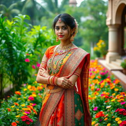 A traditional Indian girl dressed in intricate, vibrant attire, showcasing beautiful cultural motifs and jewelry