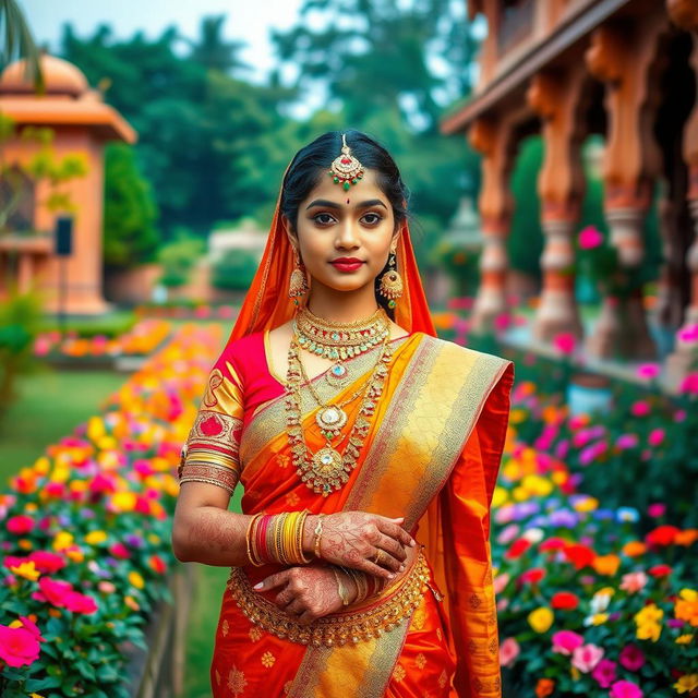 A traditional Indian girl dressed in intricate, vibrant attire, showcasing beautiful cultural motifs and jewelry