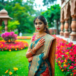 A traditional Indian girl dressed in intricate, vibrant attire, showcasing beautiful cultural motifs and jewelry