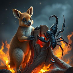 A wallaby and a scorpion-like creature are gripping a piece of wood that is illuminated by bright flames