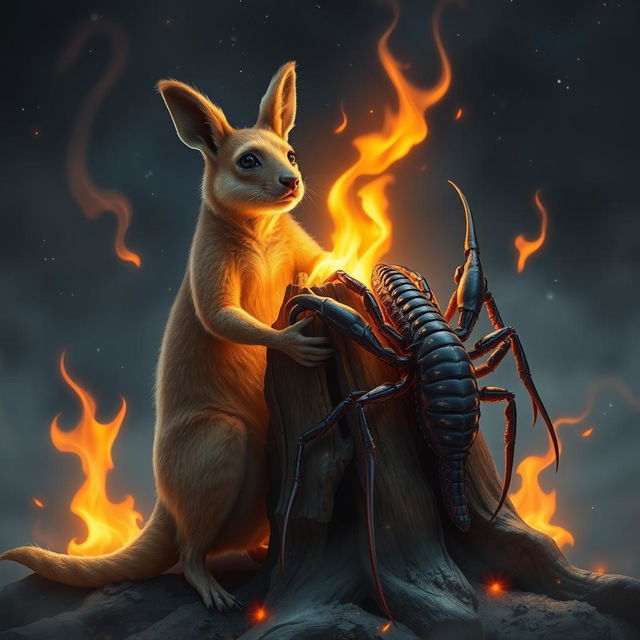 A wallaby and a scorpion-like creature are gripping a piece of wood that is illuminated by bright flames