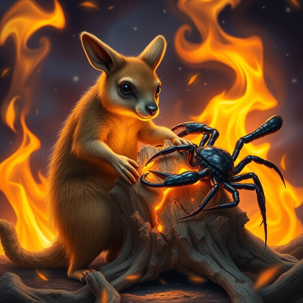 A wallaby and a scorpion-like creature are gripping a piece of wood that is illuminated by bright flames