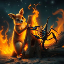 A wallaby and a scorpion-like creature are gripping a piece of wood that is illuminated by bright flames