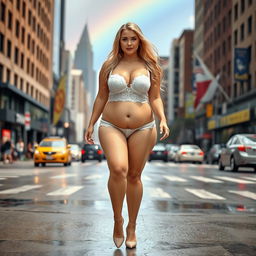 A beautiful, innocent, and cute young woman with a voluptuous and curvy figure walks confidently through a busy downtown intersection, soaking wet in the rain on a sunny day, with a rainbow visible in the distance